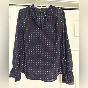 Women’s J. Crew 100% silk top blue with multi colored lips. Ruffle v-neck